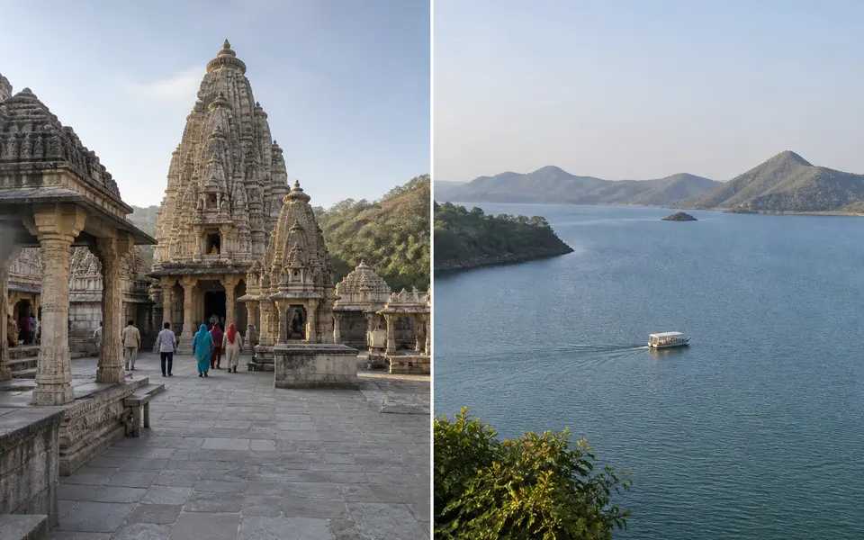 Morning scene at Eklingji Temple courtyard and wide view of Jaisamand Lake in the Aravalli hills near Udaipur.