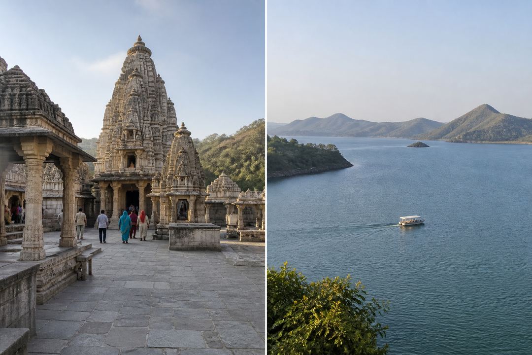 Morning scene at Eklingji Temple courtyard and wide view of Jaisamand Lake in the Aravalli hills near Udaipur.