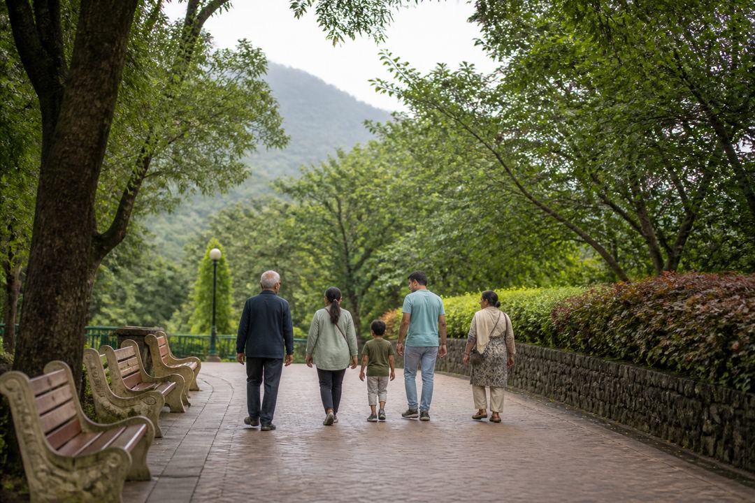 Family with children and older relatives walking along a tree-lined path in a hill-station park in Lonavala.