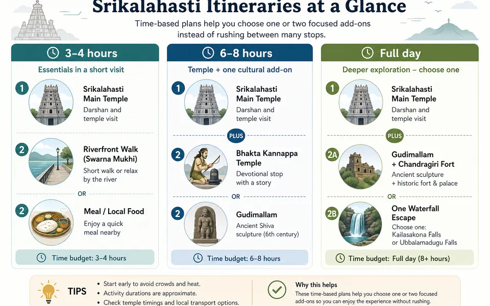 Simple infographic comparing 3–4 hour, 6–8 hour and full-day Srikalahasti plans with suggested stops and time budgets.