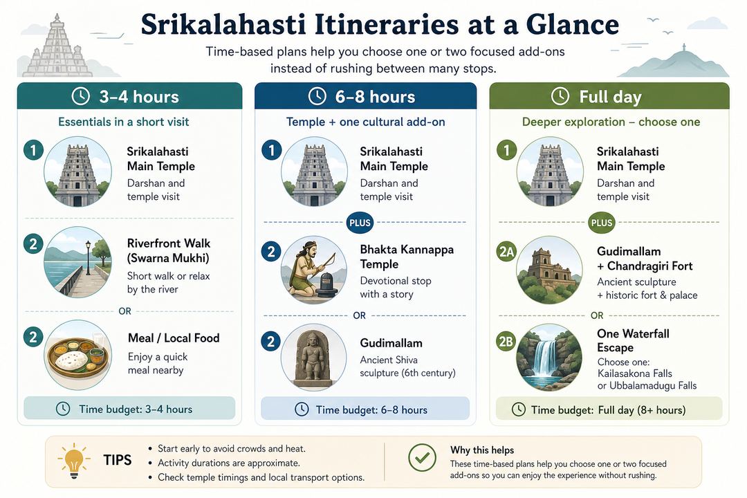Simple infographic comparing 3–4 hour, 6–8 hour and full-day Srikalahasti plans with suggested stops and time budgets.