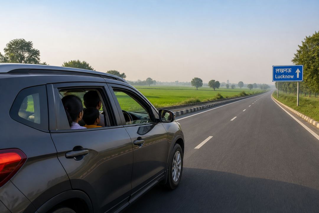 Family from Lucknow driving past green fields on a winter morning highway.