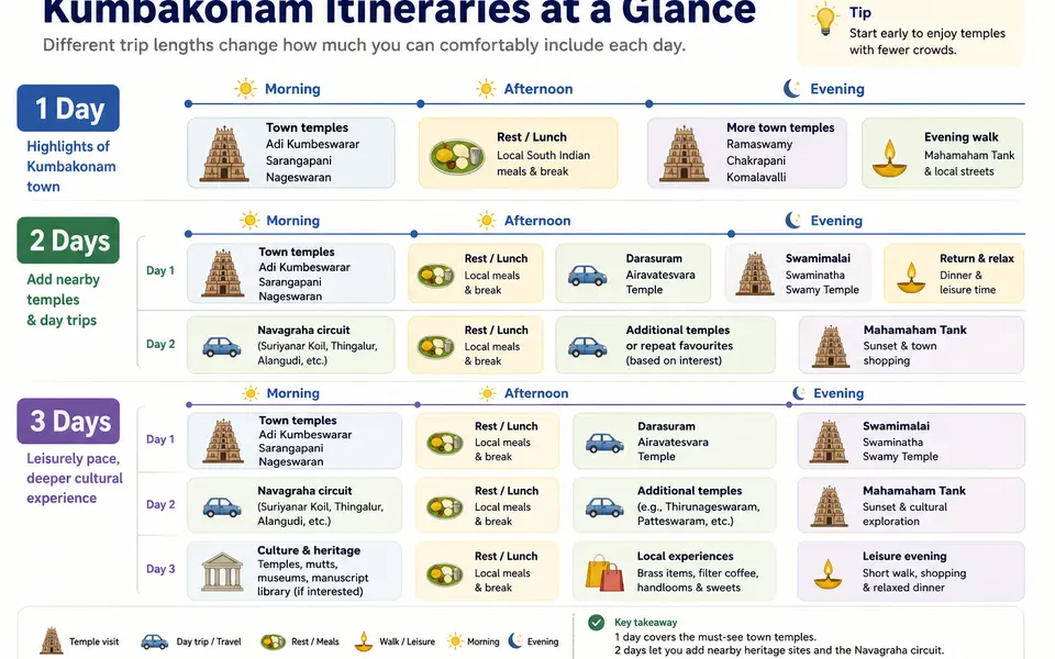 Infographic showing sample 1-day, 2-day and 3-day Kumbakonam temple itineraries laid out as simple timelines.