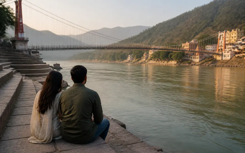 Couple sitting on stone steps beside the Ganga in Rishikesh with a suspension bridge and low green hills in the background during soft morning light.