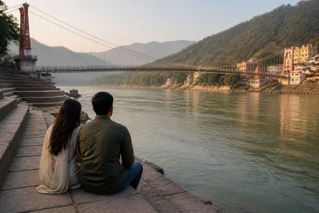Couple sitting on stone steps beside the Ganga in Rishikesh with a suspension bridge and low green hills in the background during soft morning light.