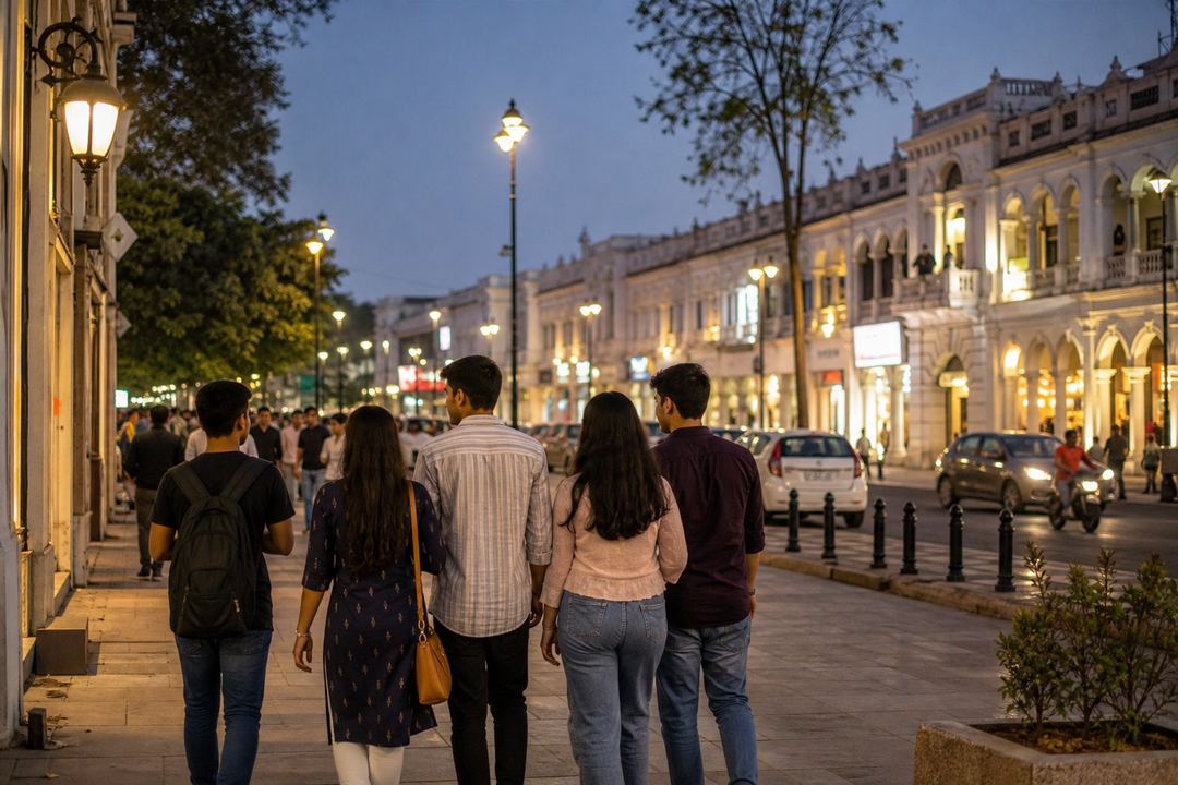 Young friends walking along a lively evening street in central Lucknow with shopfronts and old-style buildings in the background.