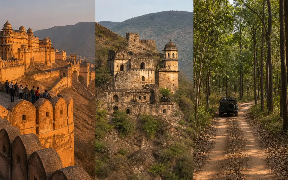 Amber Fort near Jaipur at golden hour, a ruined hill fort near Alwar, and a forest track with a safari vehicle inside Jim Corbett National Park.