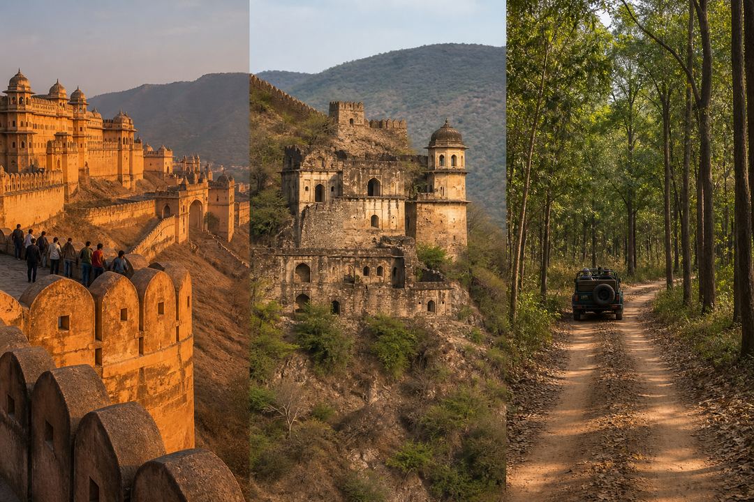 Amber Fort near Jaipur at golden hour, a ruined hill fort near Alwar, and a forest track with a safari vehicle inside Jim Corbett National Park.