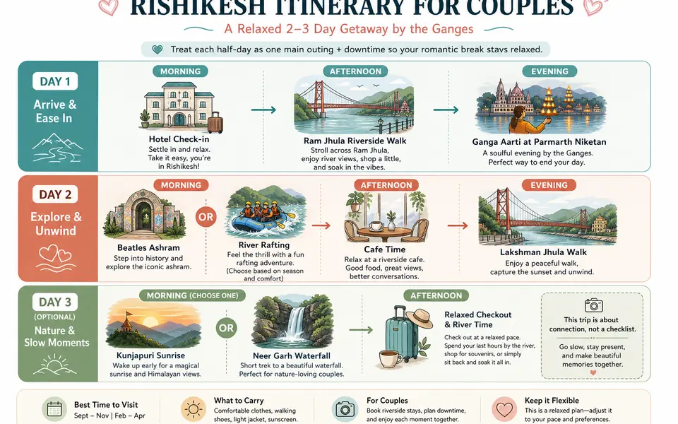 Simple 3-day Rishikesh couple itinerary timeline showing Day 1 by Ram Jhula and Aarti, Day 2 Beatles Ashram or rafting plus cafe time, and optional Day 3 for Kunjapuri sunrise or Neer Garh Waterfall.