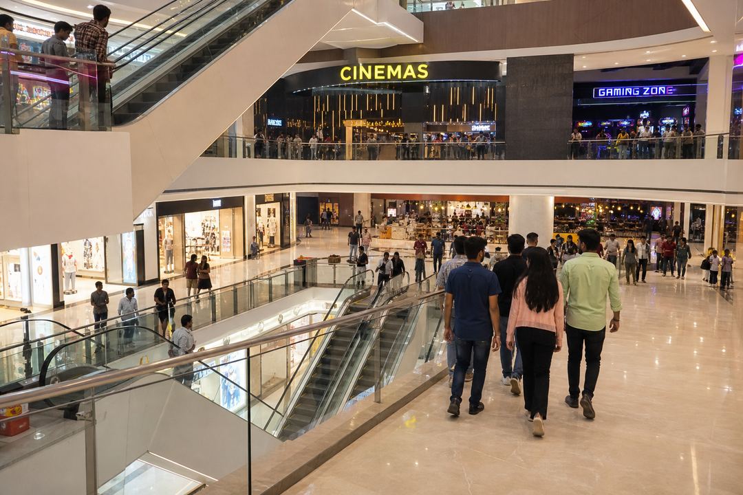 Interior of a large modern mall with escalators, a cinema sign and groups of young people walking between stores.
