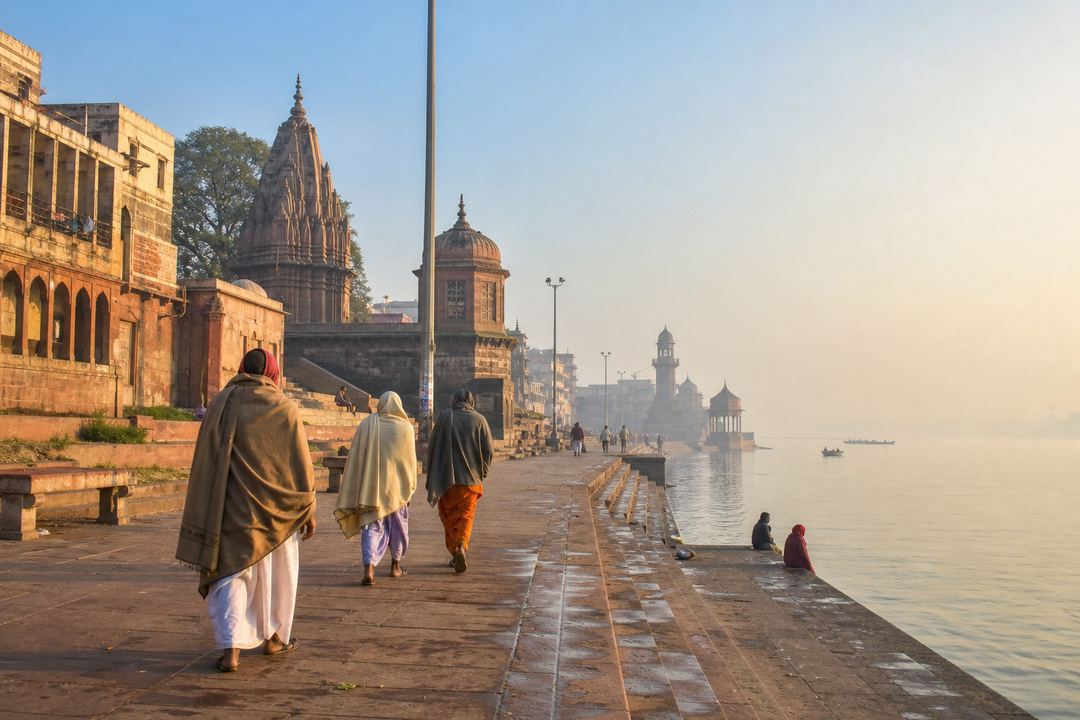Winter morning at a riverside ghat in Mathura with soft sunlight and pilgrims walking along the steps.