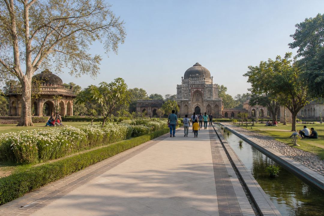Wide path flanked by lawns, flower beds and heritage pavilions inside Sunder Nursery in Delhi, with a few families walking in soft morning light.