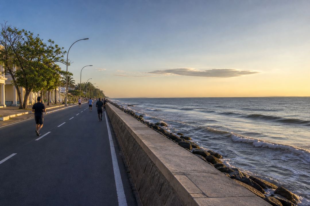 Early morning view of Pondicherry’s seafront promenade with walkers along the road and gentle Bay of Bengal waves