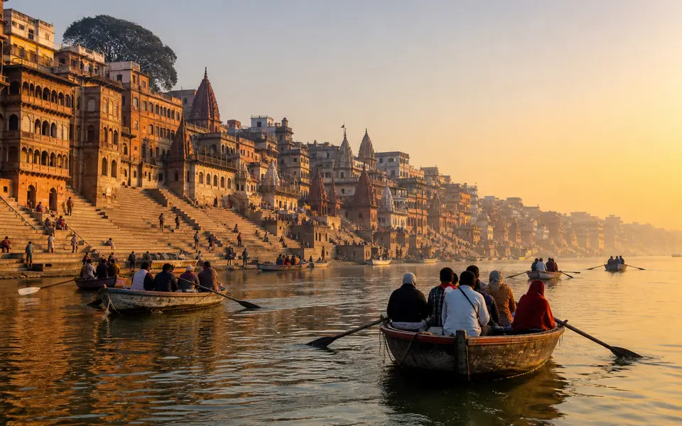 Small wooden boats on the Ganga at sunrise passing a long line of Varanasi ghats in soft golden light.