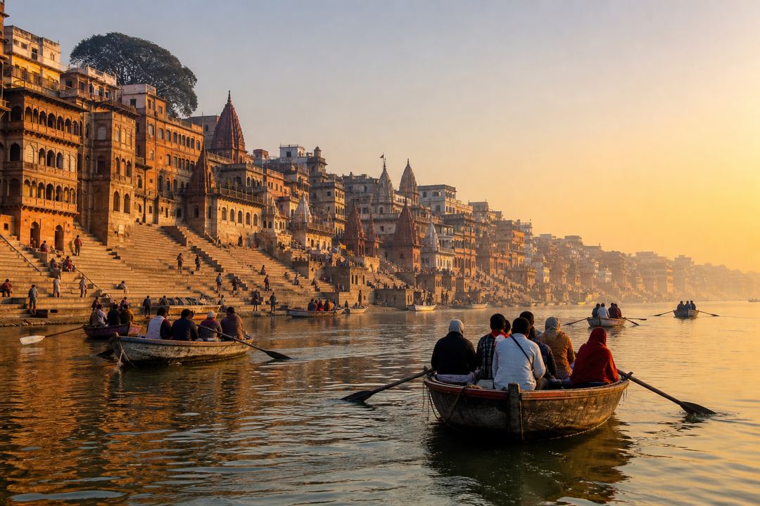 Small wooden boats on the Ganga at sunrise passing a long line of Varanasi ghats in soft golden light.