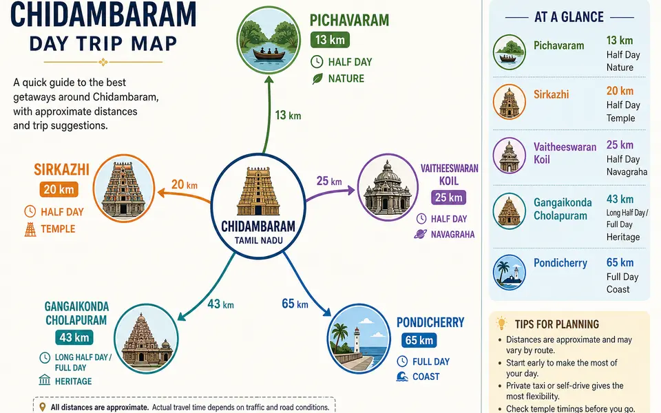 Simple route map-style infographic showing Chidambaram in the centre with arrows to Pichavaram, Sirkazhi, Vaitheeswaran Koil, Gangaikonda Cholapuram and Pondicherry, labelled with distances and trip types.