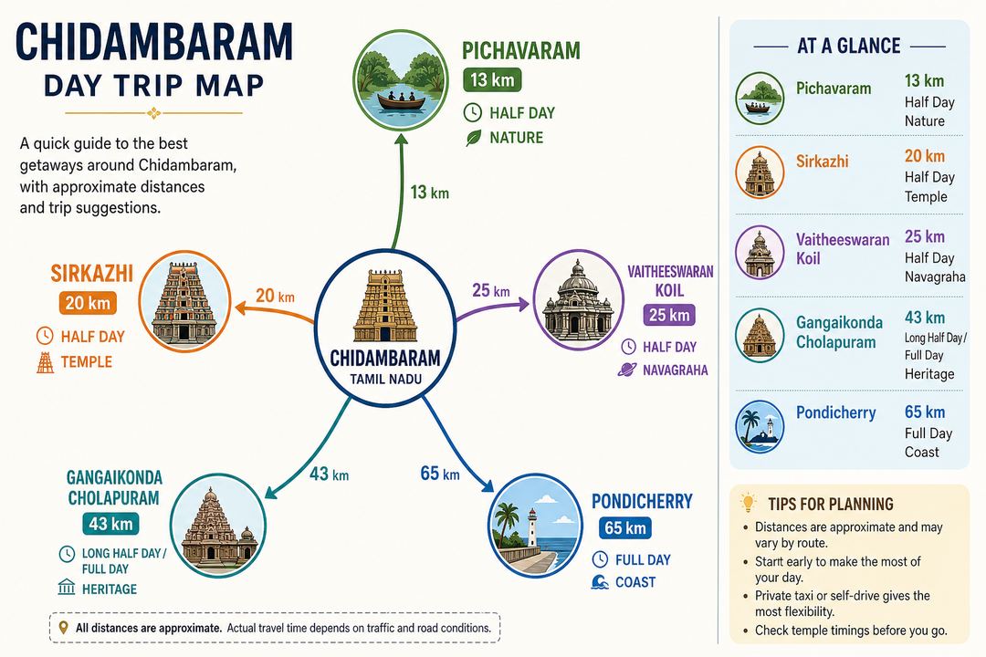 Simple route map-style infographic showing Chidambaram in the centre with arrows to Pichavaram, Sirkazhi, Vaitheeswaran Koil, Gangaikonda Cholapuram and Pondicherry, labelled with distances and trip types.