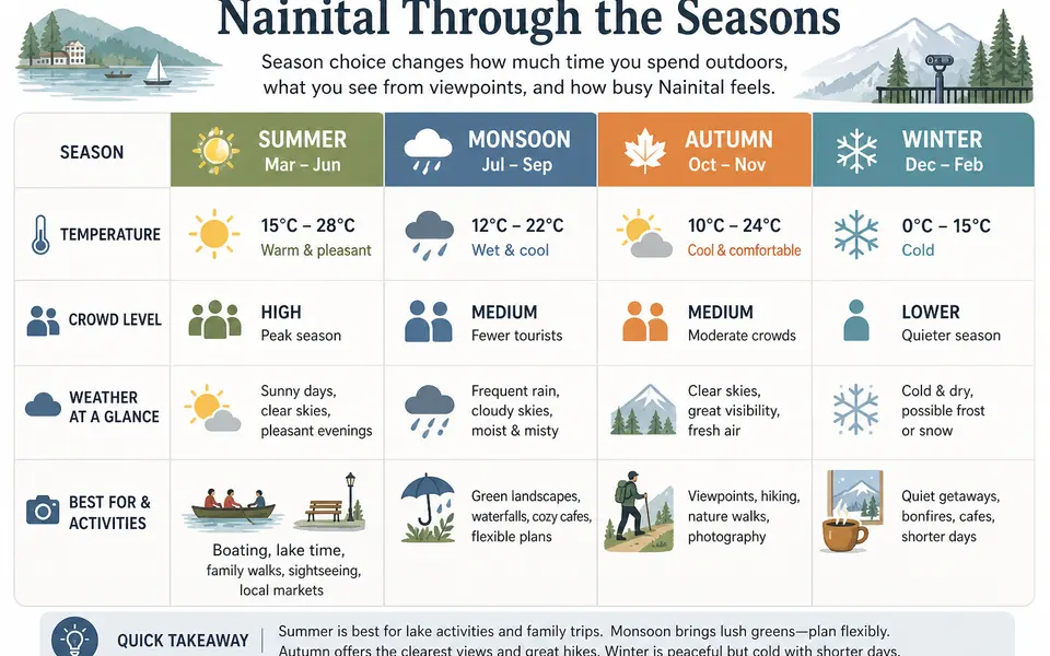 Infographic comparing Nainital’s summer, monsoon, autumn and winter with icons for temperature, crowds, and activity conditions.