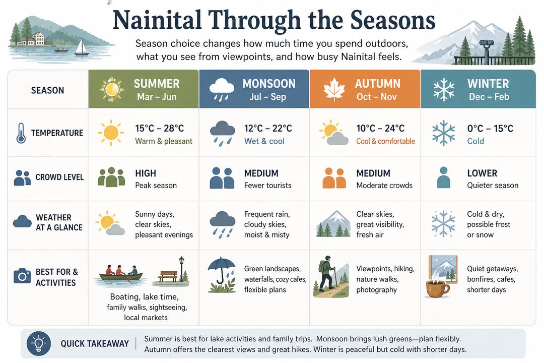Infographic comparing Nainital’s summer, monsoon, autumn and winter with icons for temperature, crowds, and activity conditions.