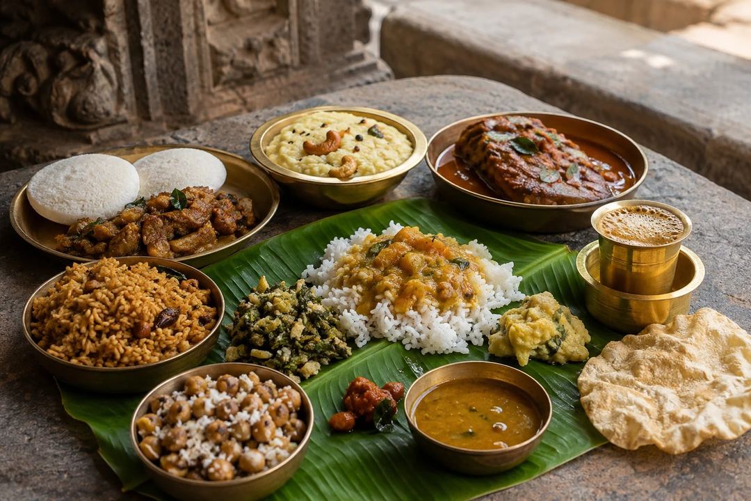 A Chidambaram travel food spread with idli brinjal kothsu ven pongal rice dishes sundal a modest fish curry and filter coffee