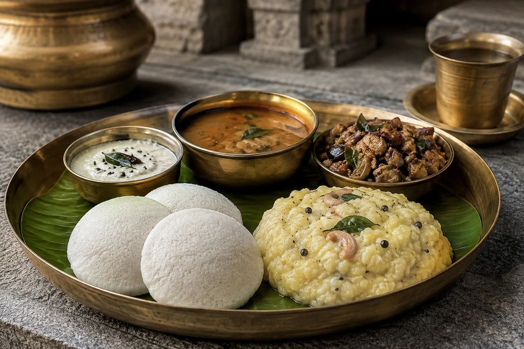 Idli and ven pongal served with a dark brinjal kothsu coconut chutney and sambar