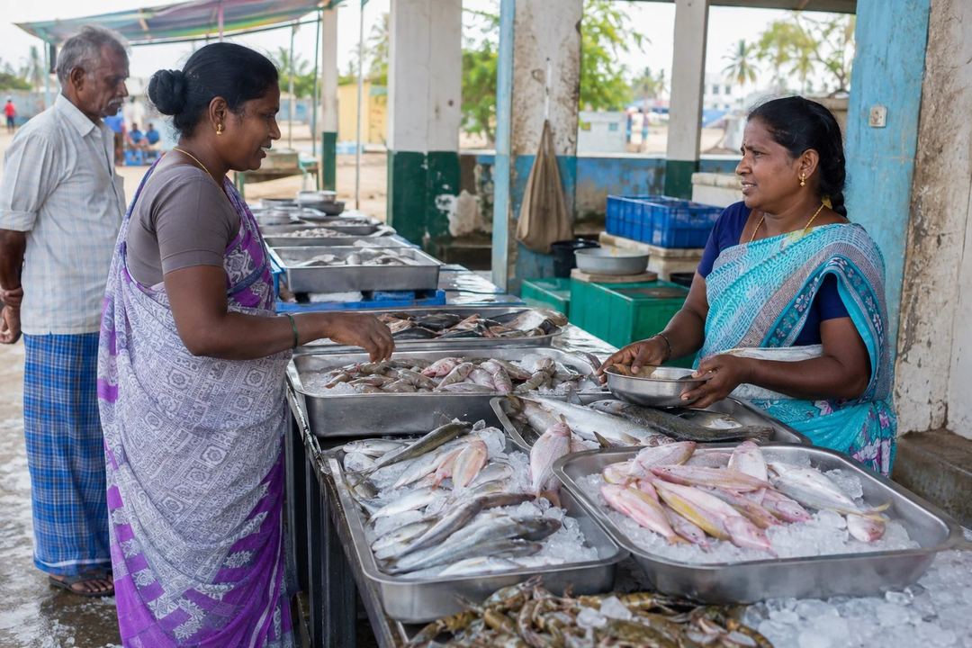 Shoppers and vendors at a clean coastal Tamil fish market with fresh fish displayed on ice