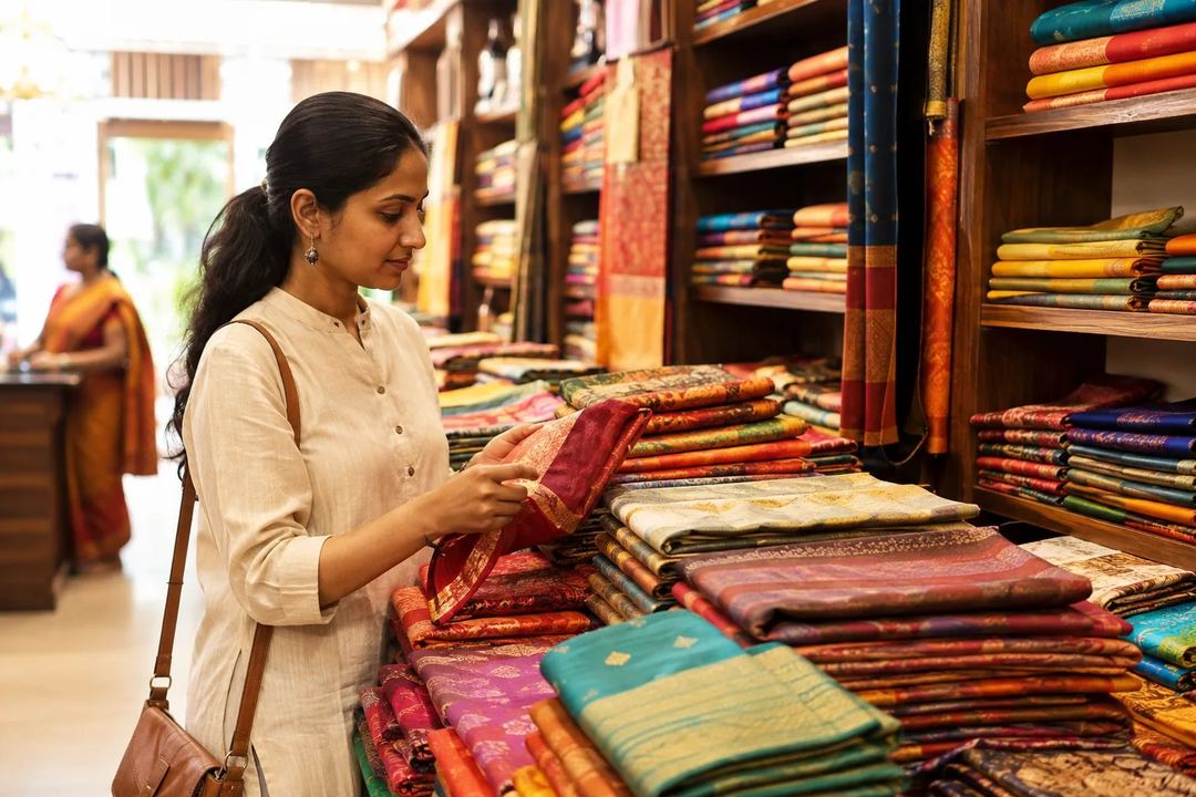 A traveller comparing colourful cotton fabrics in an unbranded Coimbatore textile shop