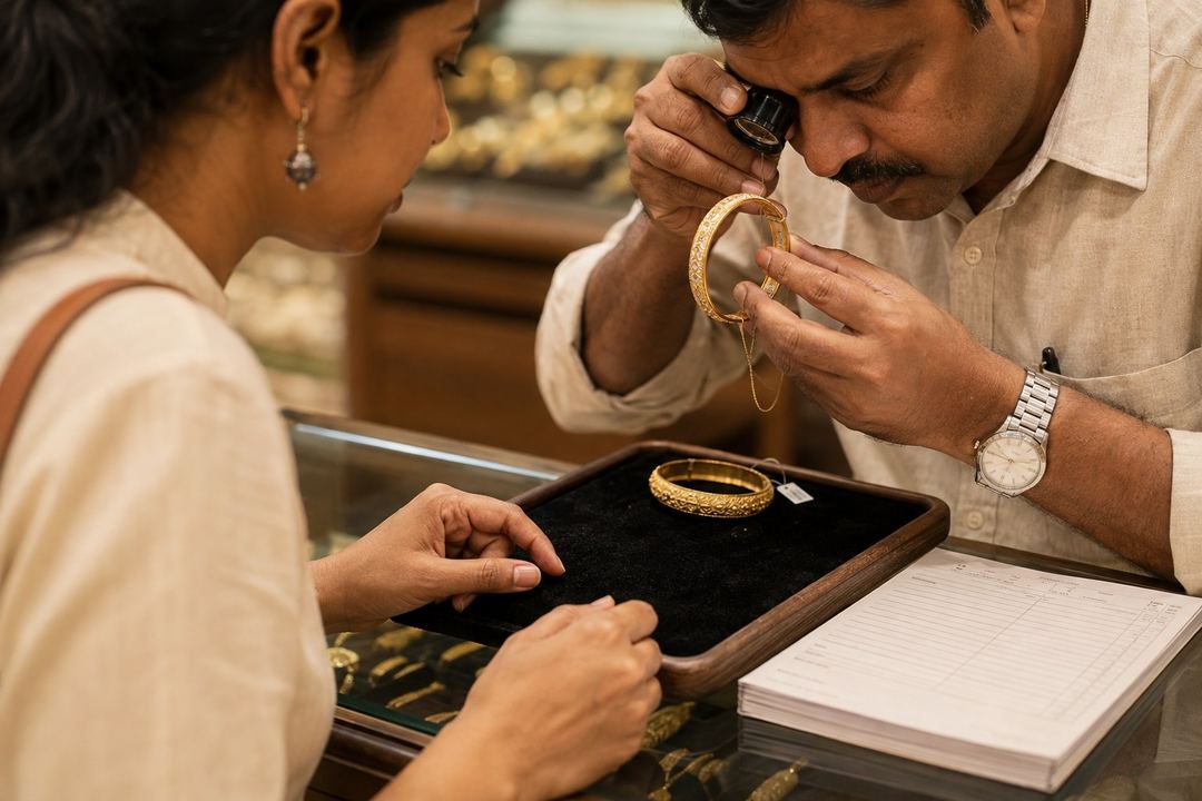 A jeweller inspecting a gold bangle with a loupe while a customer reviews an itemised invoice