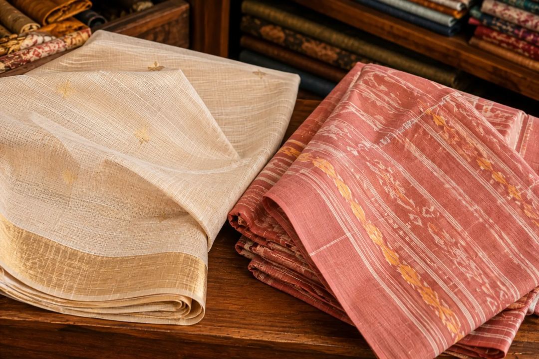 Two distinct regional cotton sarees displayed to show their weave, borders and finish