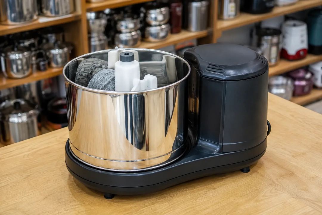 An unbranded stainless-steel wet grinder with its drum and stone roller assembly visible