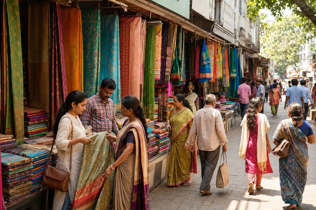 Shoppers browsing colourful textile displays along a traditional Coimbatore market street