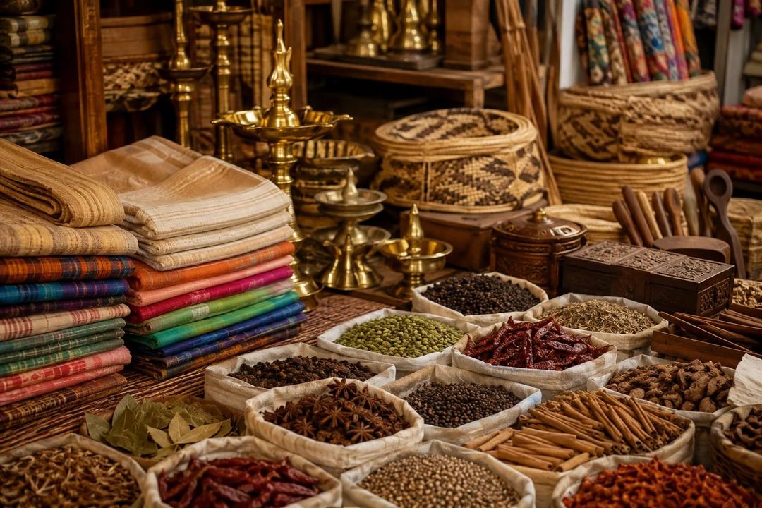 An unbranded market display of cotton textiles, brass lamps, baskets, wooden crafts and spices