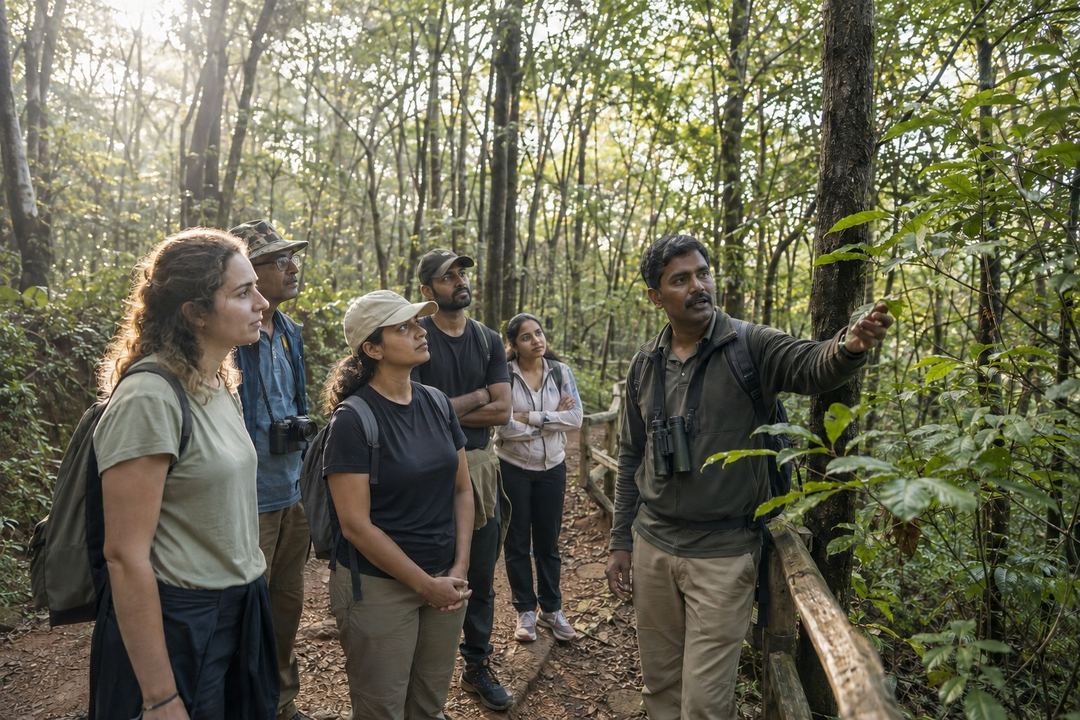 A trained local guide leads a small group along a marked forest trail in India.