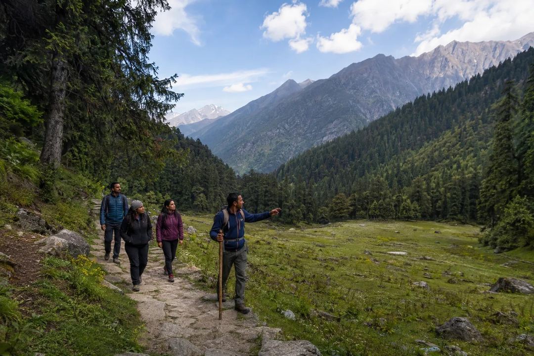 A local guide leads a small group along a designated trail in an Indian Himalayan landscape.