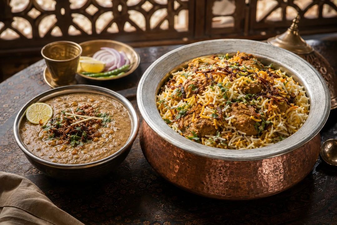 Hyderabadi biryani in an open handi beside a separate bowl of traditional haleem