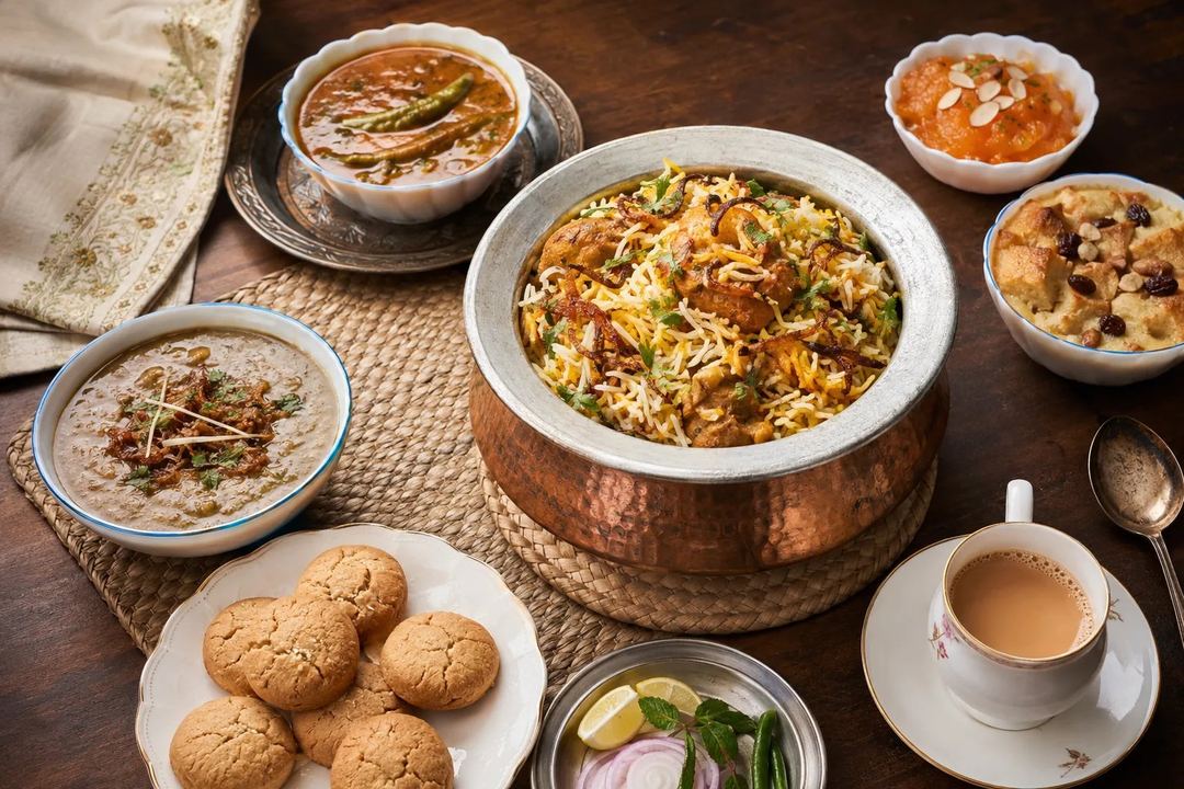 A Hyderabad food spread with biryani, haleem, tea, biscuits, accompaniments and desserts