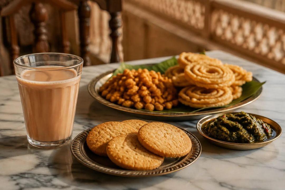 Irani-style chai, round biscuits and Telangana snacks on a café table