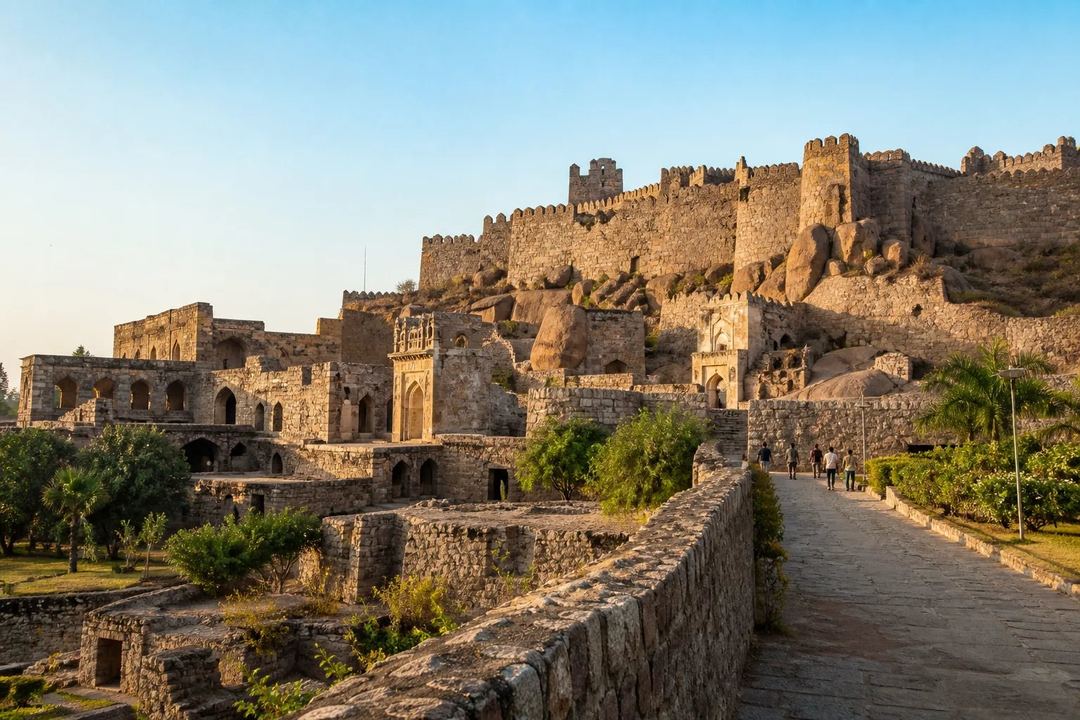 Historic stone fort ramparts in Hyderabad during a clear winter afternoon