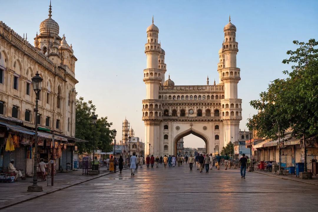Hyderabad heritage architecture and pedestrian streets in pleasant winter morning light