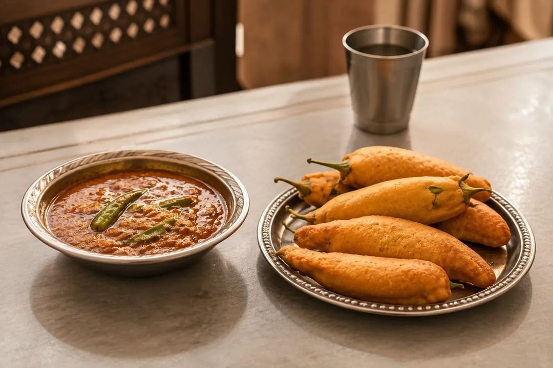Mirchi ka salan in a serving bowl beside a separate plate of freshly fried mirchi bajji