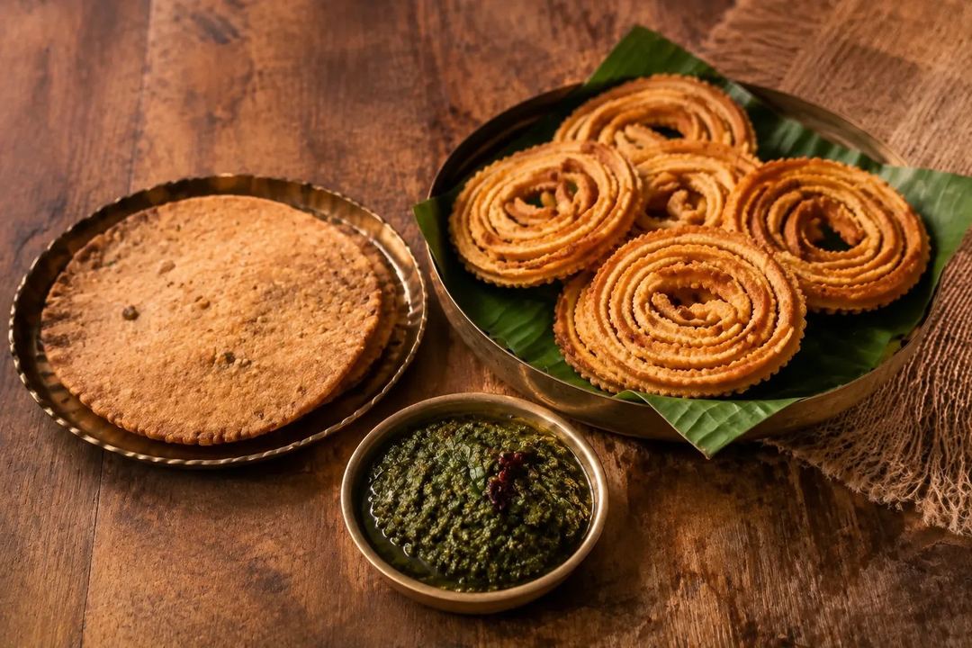 Sarva pindi, coiled sakinalu and a bowl of gongura pachadi arranged separately