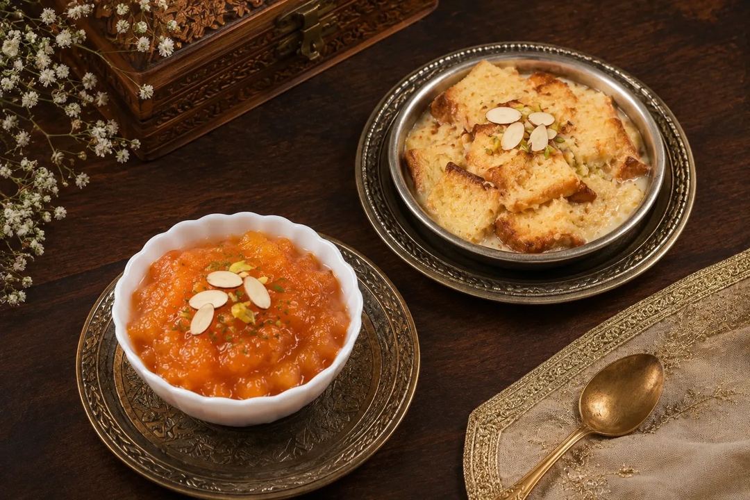 Qubani ka meetha and double ka meetha presented in separate traditional dessert bowls