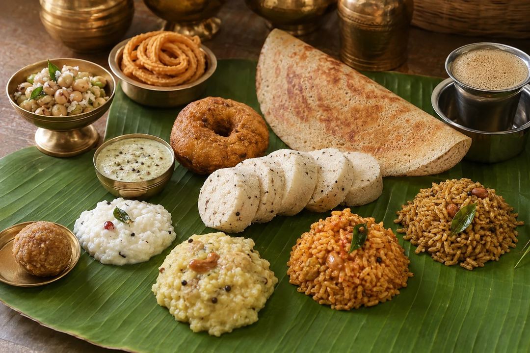 A Tamil food spread with sliced Kanchipuram idli dosa vada pongal rice dishes snacks sweets and filter coffee