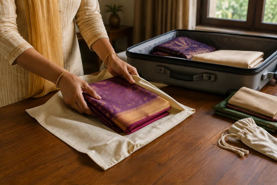 A silk saree protected in a breathable cloth cover inside a neatly packed suitcase