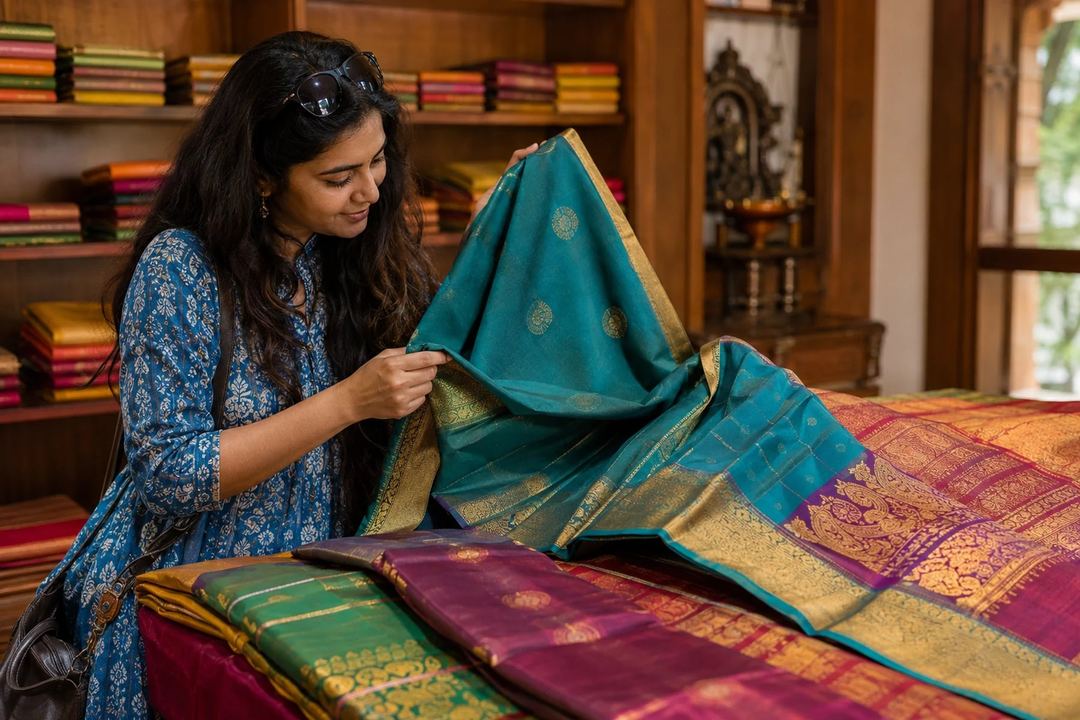 A shopper examining the teal and gold border of a silk saree in a calm unbranded textile setting