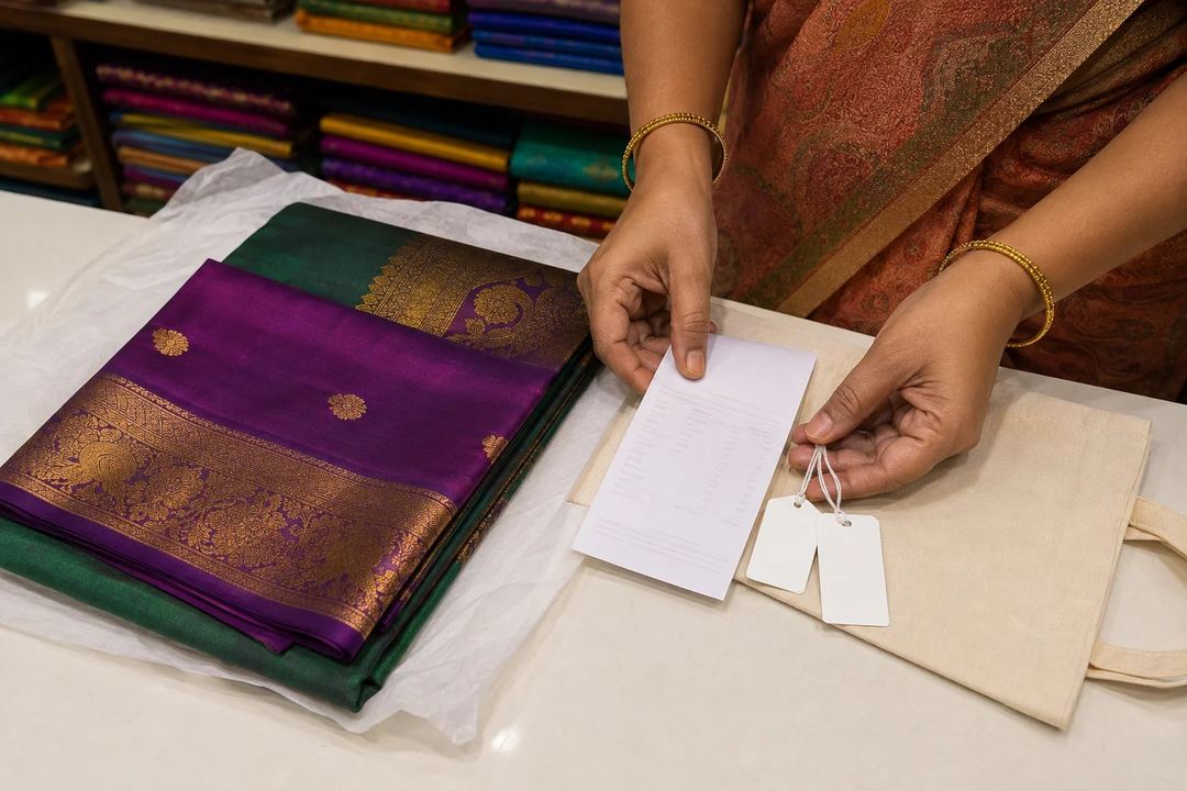 A folded silk saree beside an itemised blank receipt and unbranded product labels