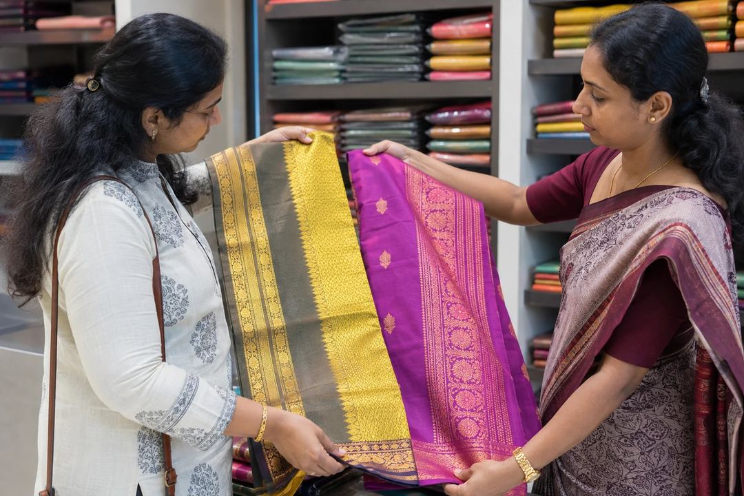 A traveller and textile salesperson comparing two silk sarees on a clean counter