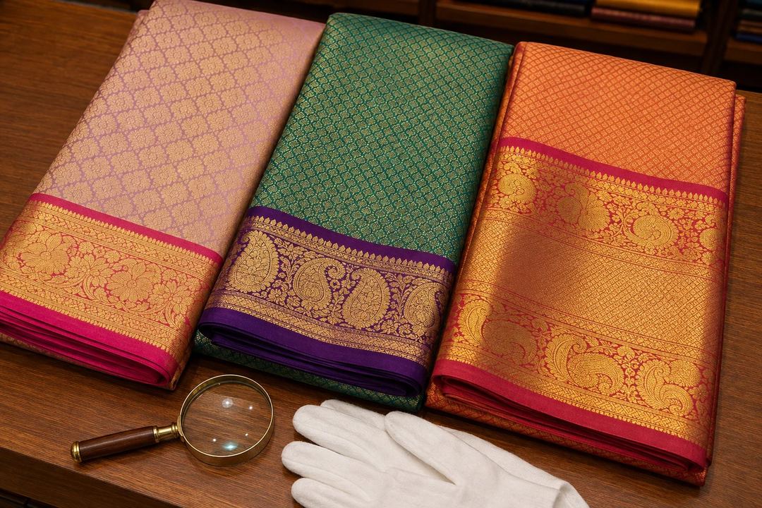 Three folded silk sarees showing different body weaves contrasting borders and pallu detail