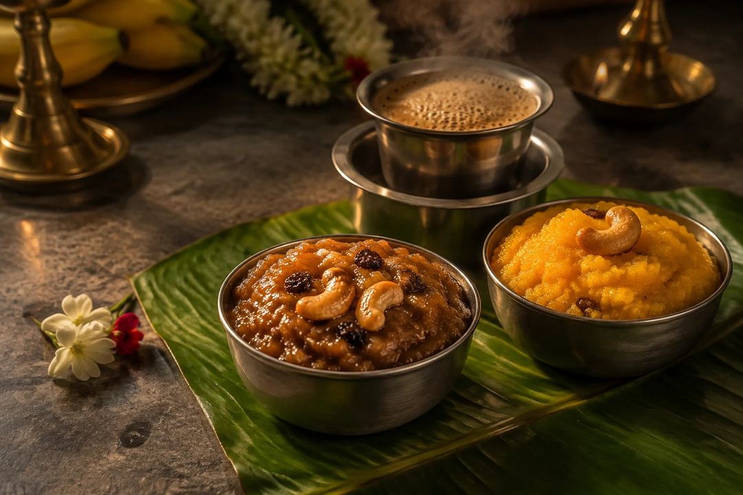 Sakkarai pongal kesari and South Indian filter coffee in traditional steel serveware