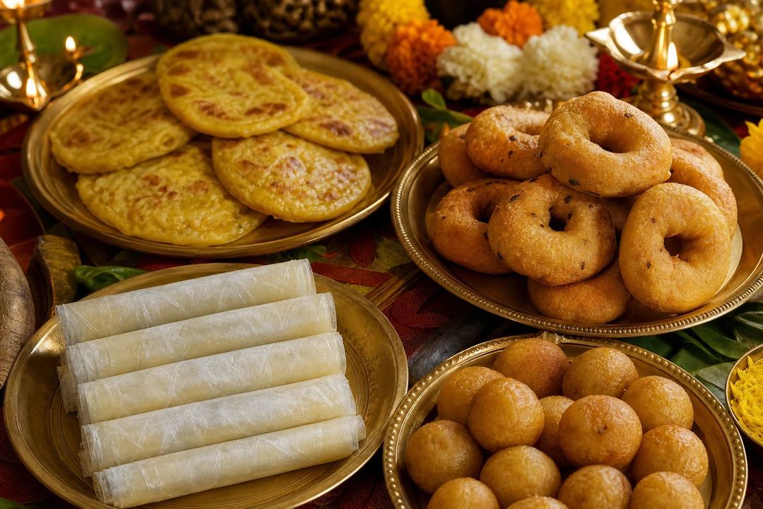 Andhra festival foods with pootharekulu rolls bobbatlu gaarelu and boorelu on brass plates